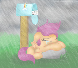 Size: 1882x1630 | Tagged: safe, artist:louderspeakers, derpibooru import, scootaloo, crying, implied rainbow dash, mailbox, rain, sad, solo