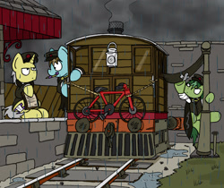 Size: 1929x1622 | Tagged: safe, artist:bobthedalek, oc, oc only, earth pony, pony, unicorn, bicycle, clothes, hat, rain, steam train, steam tram, train, tram