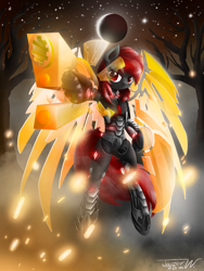 Size: 1536x2048 | Tagged: safe, artist:jasper77wang, derpibooru import, oc, oc only, pony, armor, artificial wings, augmented, badass, bipedal, crescent moon, crossover, magic, magic wings, mass effect, moon, omni-tool, solo, wings