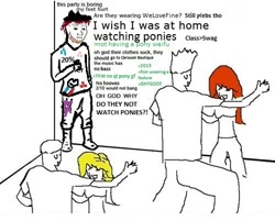 Size: 500x401 | Tagged: safe, derpibooru import, 1000 hours in ms paint, anti-brony, brony, comic, fedora shaming, feels guy, greentext, hat, i wish i was at home, ms paint, neckbeard, party, patrician, text, trilby