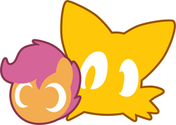 Size: 950x678 | Tagged: safe, artist:fuzon-s, scootaloo, crossover, duo, logo, miles "tails" prower, simple background, sonic the hedgehog (series), style emulation, transparent background