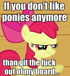 Size: 632x685 | Tagged: safe, derpibooru import, apple bloom, get out, image macro, solo, vulgar