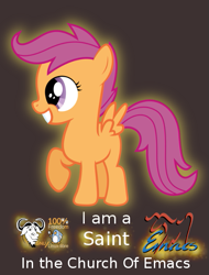 Size: 455x600 | Tagged: safe, derpibooru import, scootaloo, emacs, gnu, grin, linux, raised hoof, smiling, solo, squee, text