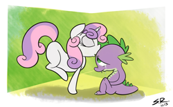 Size: 1256x780 | Tagged: safe, artist:saran rape, spike, sweetie belle, dragon, crying, female, kissing, male, shipping, spikebelle, straight