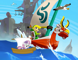 Size: 957x740 | Tagged: safe, sweetie belle, bird, human, seagull, unicorn, animal, boat, female, filly, foal, hylian, king of red lions, link, male, ocean, sailing, shield, ship, the legend of zelda, the legend of zelda: the wind waker, toon link