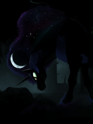 Size: 960x1280 | Tagged: safe, artist:spectralunicorn, nightmare moon, alicorn, pony, crescent, dark, female, helmet, mare, solo, stars