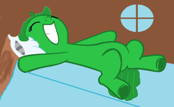 Size: 764x470 | Tagged: safe, artist:katcreeper, artist:rain-approves, derpibooru import, oc, oc only, bed, grin, katherine creeper, on back, sleepy, solo, window