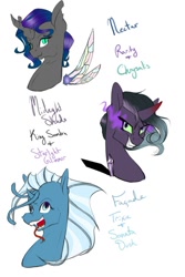 Size: 730x1095 | Tagged: safe, artist:farewelldecency, oc, oc only, changeling, hybrid, siren, crack shipping, interspecies offspring, magical lesbian spawn, offspring, parent:king sombra, parent:queen chrysalis, parent:rarity, parent:sonata dusk, parent:trixie