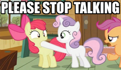 Size: 500x290 | Tagged: safe, apple bloom, scootaloo, sweetie belle, cutie mark crusaders, image macro