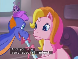 Size: 640x480 | Tagged: safe, master kenbroath gilspotten heathspike, rarity (g3), spike, tiddlywink, dragon, g3, the runaway rainbow, foreshadowing, hilarious in hindsight, magic wand, subtitles, wand