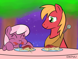 Size: 1000x762 | Tagged: safe, artist:empyu, big macintosh, cheerilee, earth pony, pony, 30 minute art challenge, cheerimac, chubby cheeks, eating, eyes closed, food, happy, male, messy eating, puffy cheeks, shipping, smiling, spaghetti, stallion, straight