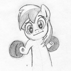 Size: 1000x1000 | Tagged: safe, artist:php87, derpibooru import, oc, oc only, oc:wheely bopper, original species, grayscale, looking at you, monochrome, shrug, shrugpony, sketch, smiling, smirk, solo, traditional art, wheel, wheelpone