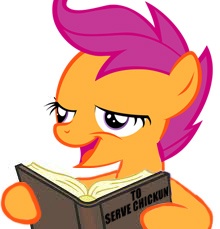 Size: 220x229 | Tagged: safe, derpibooru import, scootaloo, book, cannibalism, chickun, damon knight, exploitable meme, forced meme, meme, the twilight zone, to serve man