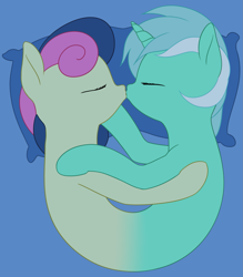 Size: 1675x1915 | Tagged: safe, artist:zippysqrl, bon bon, lyra heartstrings, sweetie drops, do princesses dream of magic sheep, conjoined, eyes closed, female, fusion, it begins, kissing, lesbian, lyrabon, lyrabon (fusion), pillow, pushmi-pullyu, shipping, together forever, we have become one