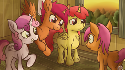 Size: 2418x1362 | Tagged: dead source, safe, artist:mostlyponyart, derpibooru import, apple bloom, babs seed, scootaloo, sweetie belle, alicorn, pony, alicornified, bloomicorn, chest fluff, cutie mark crusaders, frown, grin, race swap, scared, scootacorn, smiling, sweetiecorn, this will end in tears and/or death and/or covered in tree sap, unshorn fetlocks, xk-class end-of-the-world scenario