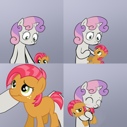 Size: 2000x2000 | Tagged: safe, derpibooru import, babs seed, sweetie belle, exploitable meme, good end, hug, meme, size difference, sweetie's note meme