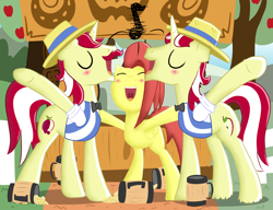 Size: 5096x3920 | Tagged: safe, derpibooru import, flam, flim, oc, cider, drunk, flim flam brothers, singing, sweet apple acres