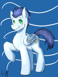 Size: 500x663 | Tagged: safe, artist:cybii, soarin', pegasus, pony, blue coat, blue mane, male, solo, stallion, wings