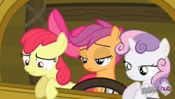 Size: 1173x660 | Tagged: safe, derpibooru import, screencap, apple bloom, scootaloo, sweetie belle, one bad apple, cutie mark crusaders, driving, hub logo, hubble, riding, scrunchy face