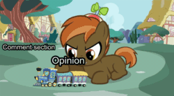 Size: 640x357 | Tagged: safe, artist:jan, derpibooru import, button mash, earth pony, pony, animated, button's adventures, colt, fire, floppy ears, foal, hat, hooves, male, metaphor gif, opinion, ponyville, prone, propeller hat, shocked, smiling, solo, spontaneous combustion, standing, teeth, train, tree