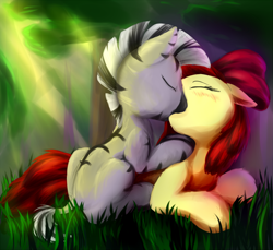 Size: 1200x1100 | Tagged: safe, anonymous artist, derpibooru import, apple bloom, zecora, zebra, age regression, female, interspecies, kissing, lesbian, shipping, younger, zecobloom