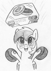 Size: 857x1200 | Tagged: safe, artist:php87, derpibooru import, oc, oc only, oc:wheely bopper, original species, :d, barcode, box, donut, floating, food, grayscale, happy, levitation, monochrome, packaging, sketch, solo, sparkle, traditional art, wheelpone