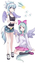 Size: 420x750 | Tagged: safe, artist:euphoriapony, derpibooru import, cloudchaser, flitter, human, background pony, belly button, bow, cleavage, clothes, cute, cutechaser, daisy dukes, duo, female, flitterbetes, humanized, mary janes, midriff, peace sign, tailed humanization, winged humanization