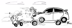 Size: 2432x960 | Tagged: safe, artist:snapai, derpibooru import, wild fire, oc, oc:wheely bopper, original species, ..., bulb horn, cactus, car, desert, honk, monochrome, sketch, speech bubble, towing, wheelpone