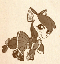 Size: 438x467 | Tagged: safe, artist:bunnimation, apple bloom, clothes, dress, monochrome, solo, steampunk