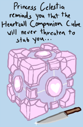 Size: 700x1067 | Tagged: safe, artist:arrkhal, derpibooru import, oc, oc:heartcall, companion cube, crossover, knife, portal (valve)