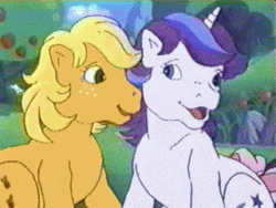 Size: 320x240 | Tagged: safe, derpibooru import, screencap, applejack (g1), glory, earth pony, pony, unicorn, g1, rescue at midnight castle, animated, bow, cute, duo, face licking, female, jackabetes, licking, mare, shipping fuel, silly, silly pony, tail bow, who's a silly pony