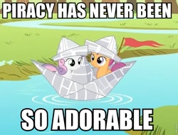 Size: 800x609 | Tagged: safe, derpibooru import, edit, edited screencap, screencap, scootaloo, sweetie belle, ponyville confidential, cropped, cute, cutealoo, diasweetes, duo, hat, image macro, newspaper, paper boat, paper hat