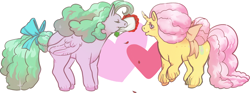 Size: 1024x381 | Tagged: safe, artist:haskap, derpibooru import, lavender lace, pegasus, pony, unicorn, g1, colored hooves, cutie mark, eyes closed, female, hooves, horn, mare, mouth hold, red roses, rose, solo, wings