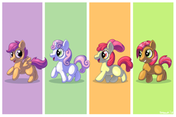 Size: 900x600 | Tagged: safe, artist:emeraldsilver, derpibooru import, apple bloom, babs seed, scootaloo, sweetie belle, cutie mark crusaders