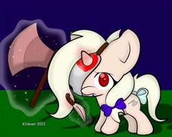 Size: 1194x954 | Tagged: safe, artist:kildaver, derpibooru import, oc, oc only, oc:bloody hatchet, vampire, axe, chibi, fangs, knife