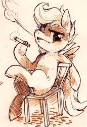 Size: 325x473 | Tagged: safe, artist:mi-eau, derpibooru import, scootaloo, chair, cigarette, monochrome, sitting, smoking, smug, solo