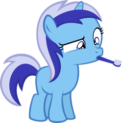 Size: 598x600 | Tagged: safe, minuette, pony, unicorn, blue coat, female, filly, horn, mare, toothbrush, two toned mane