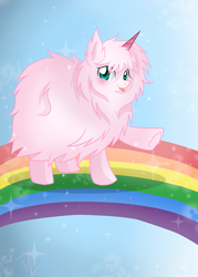 Size: 609x851 | Tagged: safe, artist:derpsonhooves, derpibooru import, oc, oc only, oc:fluffle puff, fake horn, pink fluffy unicorns dancing on rainbows, rainbow, solo, tongue out