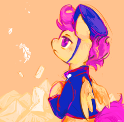 Size: 512x503 | Tagged: safe, artist:mi-eau, derpibooru import, scootaloo, clothes, feather, hat, letter, solo, uniform, working