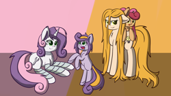 Size: 1280x720 | Tagged: safe, artist:scramjet747, derpibooru import, sweetie belle, sweetie bot, oc, oc:energy, oc:harmony, oc:unity, pony, robot, robot pony, unicorn, bipedal, cute, cutie mark, female, filly, floppy ears, foal, future sweetie bot, hooves, horn, lying down, magical lesbian spawn, mare, offspring, older, open mouth, parent:oc:energy, parent:sweetie belle, parent:sweetie bot, parents:canon x oc, scientific lesbian spawn, solo, standing, teeth