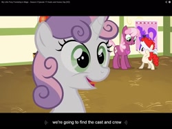 Size: 1280x960 | Tagged: safe, derpibooru import, screencap, cheerilee, sweetie belle, twist, hearts and hooves day (episode), hearts and hooves day, meme, pin the heart on the pony, youtube caption