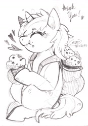 Size: 1280x1836 | Tagged: safe, artist:mi-eau, derpibooru import, dinky hooves, eating, monochrome, muffin, solo, traditional art