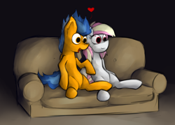 Size: 2160x1547 | Tagged: safe, artist:marsminer, oc, oc only, oc:frostburn, oc:rainy skies, couple, heart, movie, sofa, together, watching