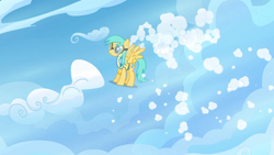 Size: 1920x1080 | Tagged: safe, derpibooru import, screencap, sunshower raindrops, pegasus, pony, wonderbolts academy, animation error, clothes, cloud, cloud busting, cloudy, female, flying, mare, sky, solo, uniform, wonderbolt trainee uniform