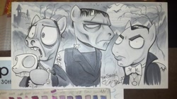 Size: 1023x577 | Tagged: safe, artist:andypriceart, derpibooru import, idw, dracula, erik, frankenstein's monster, monochrome, phantom of the opera, universal monsters