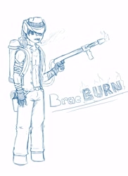 Size: 4000x5500 | Tagged: safe, artist:devious-stylus, artist:sky bound, braeburn, anthro, cowboy hat, fanfic, flamethrower, hat, headcanon, looking at you, mercenary, solo, stetson, weapon