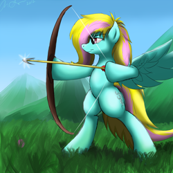 Size: 1000x1000 | Tagged: safe, artist:jinyaranda, oc, oc only, pony, arrow, bipedal, bow (weapon), bow and arrow, dexterous hooves, weapon