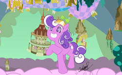 Size: 1988x1234 | Tagged: safe, artist:zeronitan, derpibooru import, screwball, chaos, cloud, cotton candy cloud, cute, discorded landscape, floating island, green sky, hat, ponyville, ponyville town hall, propeller hat, smiling, swirly eyes, town hall, upside down