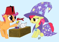 Size: 1000x715 | Tagged: safe, artist:nullh, apple bloom, scootaloo, cape, card, clothes, fez, hat, magic, tommy cooper