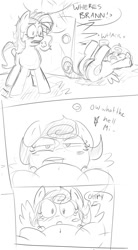 Size: 664x1200 | Tagged: safe, artist:strangerdanger, oc, oc only, oc:cookie dough, oc:cookie dough (trottingham), oc:milky way, pony, ask, askcookieandbrann, comic, female, mare, monochrome, sketch, tumblr